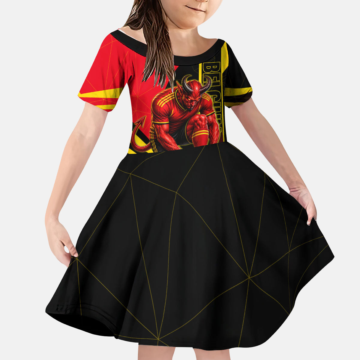 Personalized Belgium Soccer Red Devils Mascot Kid Short Sleeve Dress Royal Belgian Football Geometric Simple Style