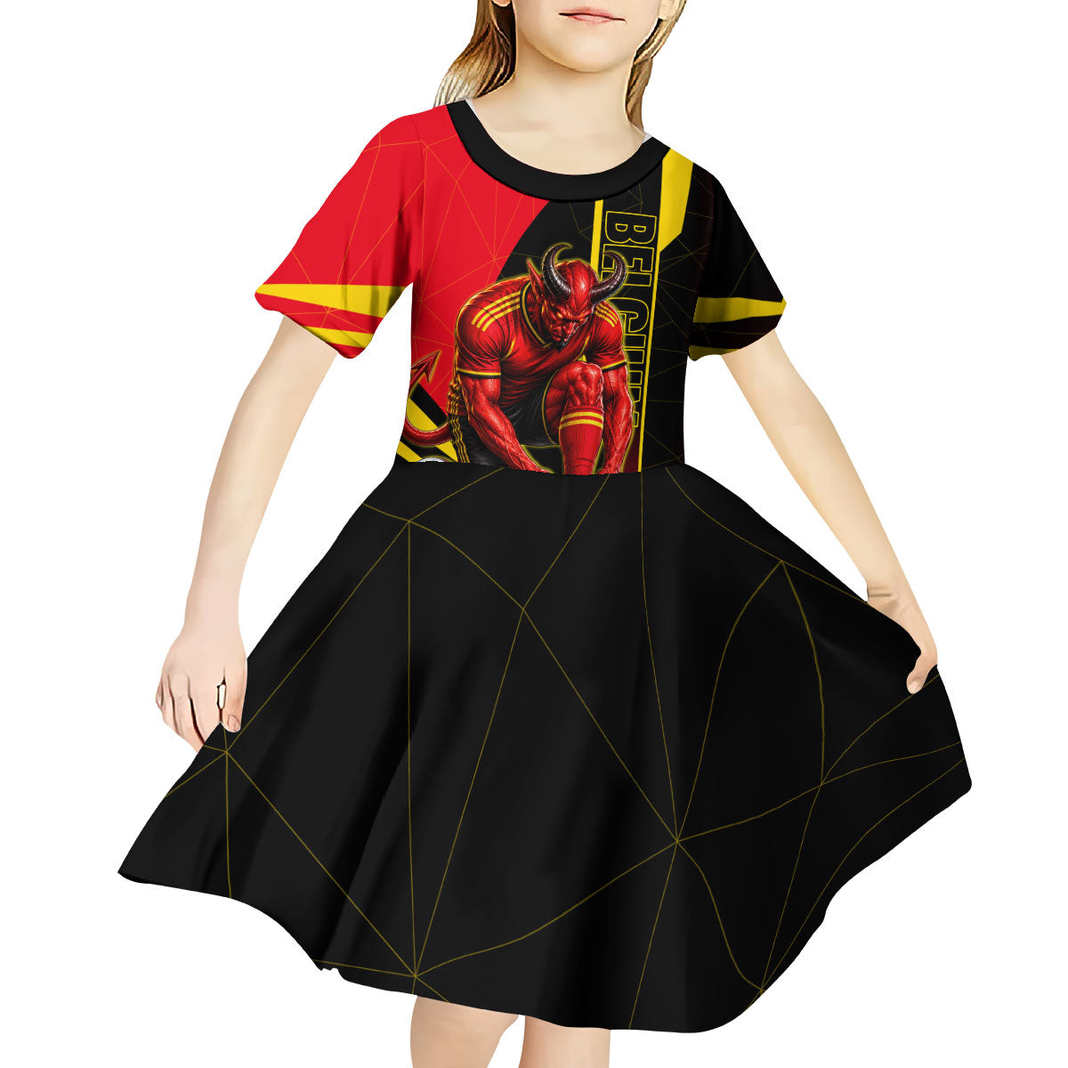 Personalized Belgium Soccer Red Devils Mascot Kid Short Sleeve Dress Royal Belgian Football Geometric Simple Style
