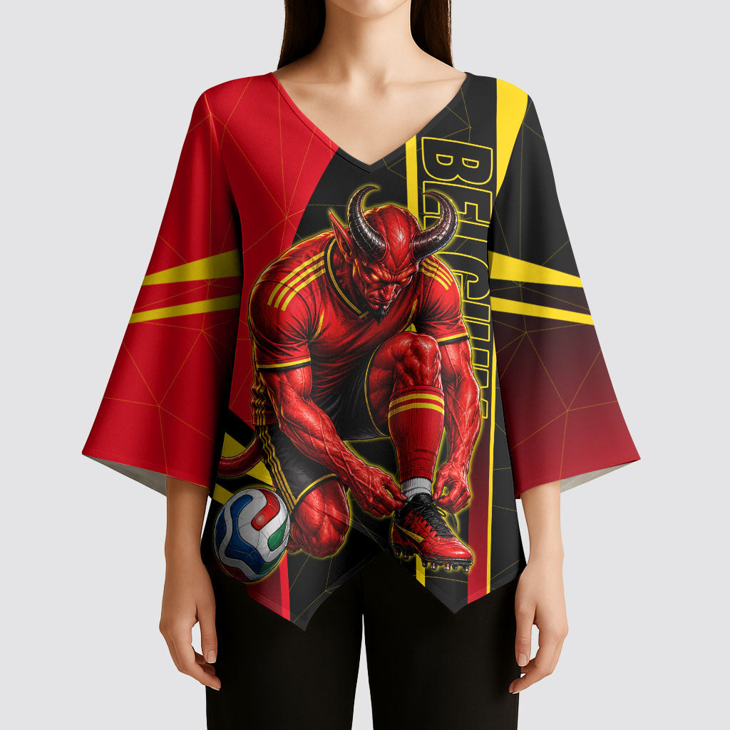 Personalized Belgium Soccer Red Devils Mascot Kimono Sleeve Blouse Royal Belgian Football Geometric Simple Style
