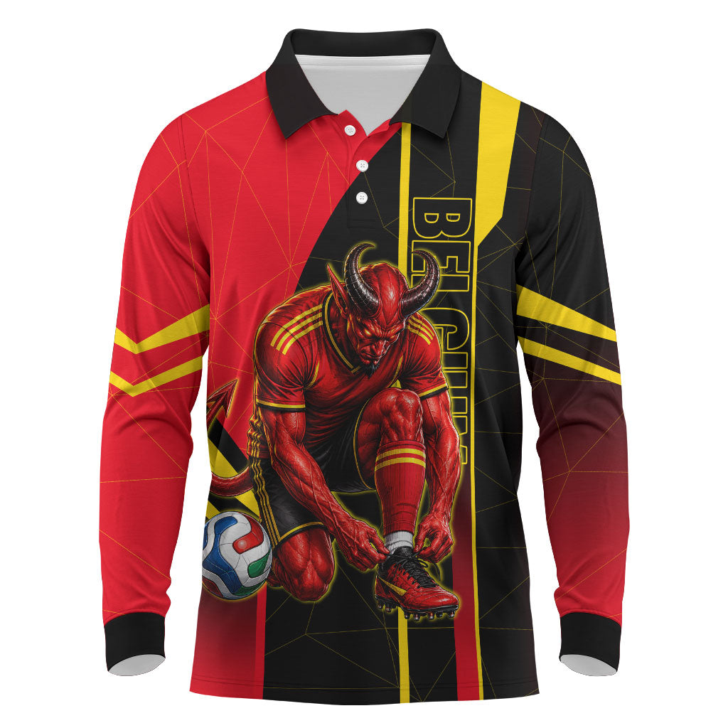 Personalized Belgium Soccer Red Devils Mascot Long Sleeve Polo Shirt Royal Belgian Football Geometric Simple Style