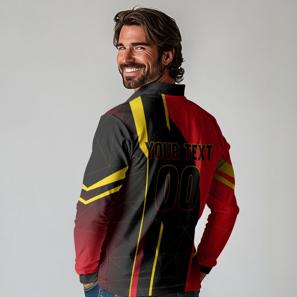 Personalized Belgium Soccer Red Devils Mascot Long Sleeve Polo Shirt Royal Belgian Football Geometric Simple Style