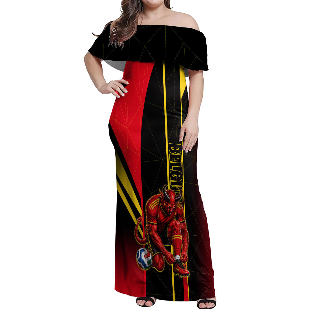 Personalized Belgium Soccer Red Devils Mascot Off Shoulder Maxi Dress Royal Belgian Football Geometric Simple Style
