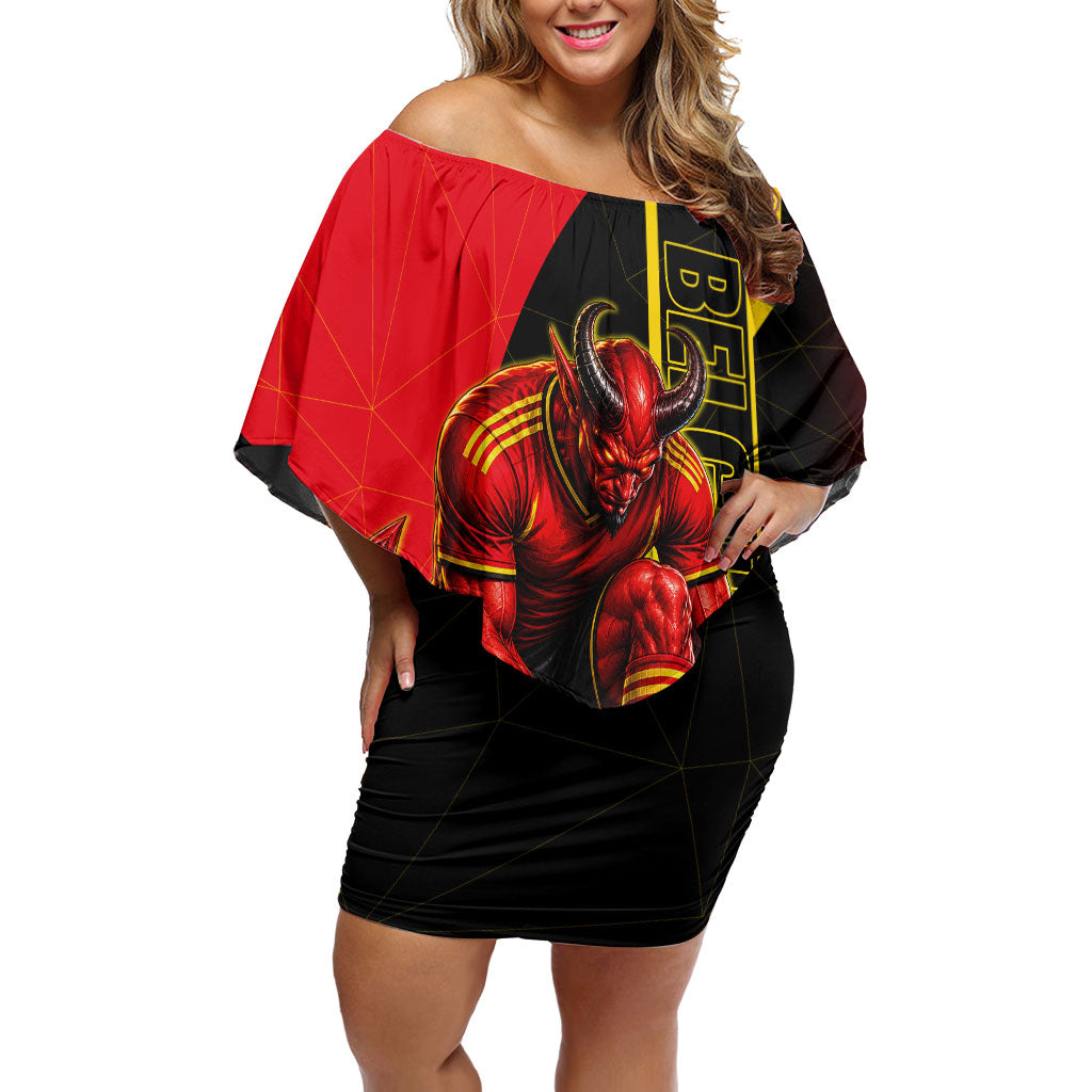 Personalized Belgium Soccer Red Devils Mascot Off Shoulder Short Dress Royal Belgian Football Geometric Simple Style