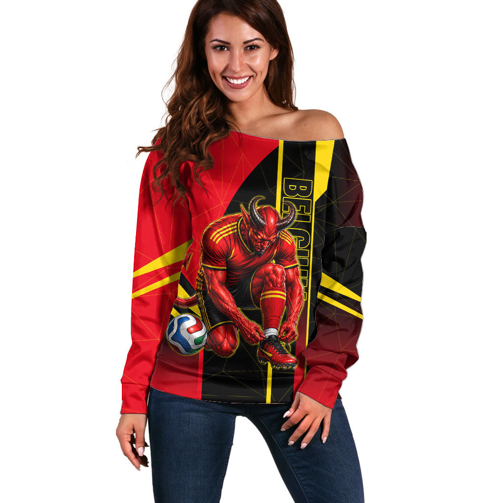 Personalized Belgium Soccer Red Devils Mascot Off Shoulder Sweater Royal Belgian Football Geometric Simple Style