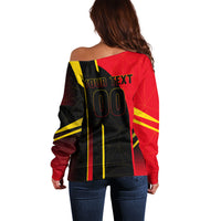 Personalized Belgium Soccer Red Devils Mascot Off Shoulder Sweater Royal Belgian Football Geometric Simple Style