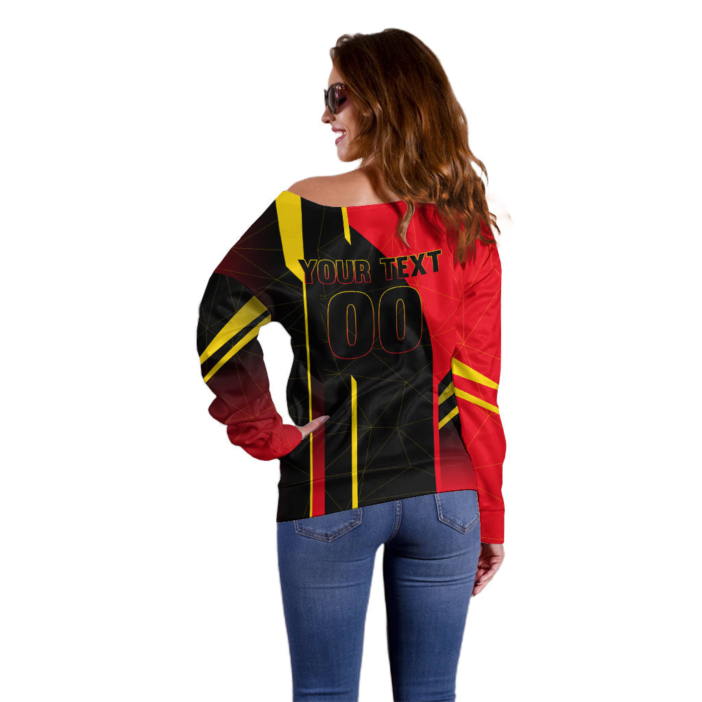 Personalized Belgium Soccer Red Devils Mascot Off Shoulder Sweater Royal Belgian Football Geometric Simple Style
