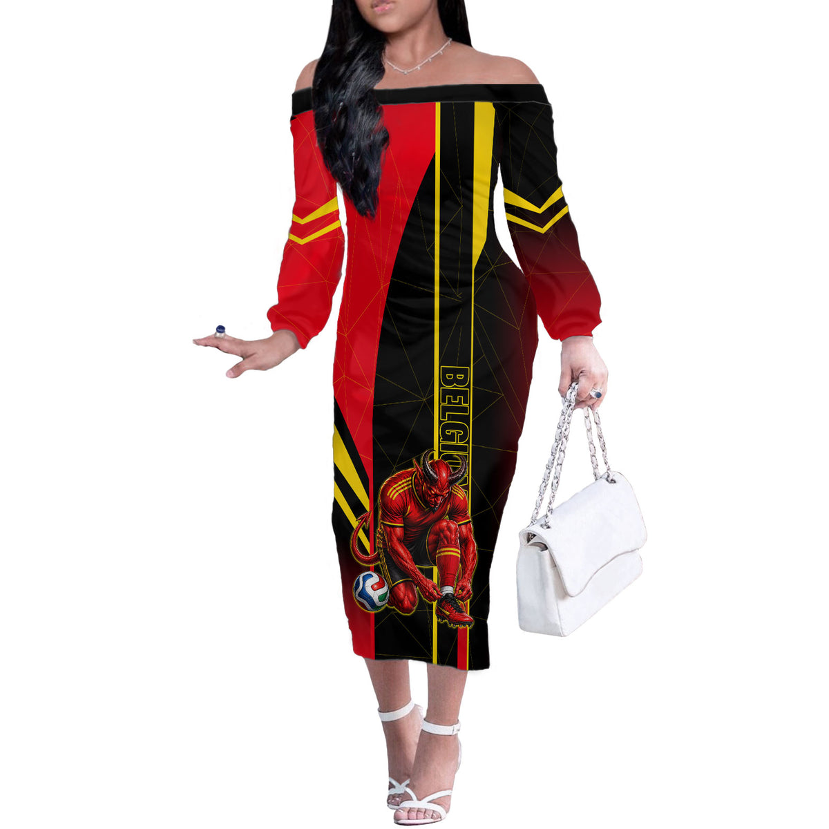 Personalized Belgium Soccer Red Devils Mascot Off The Shoulder Long Sleeve Dress Royal Belgian Football Geometric Simple Style