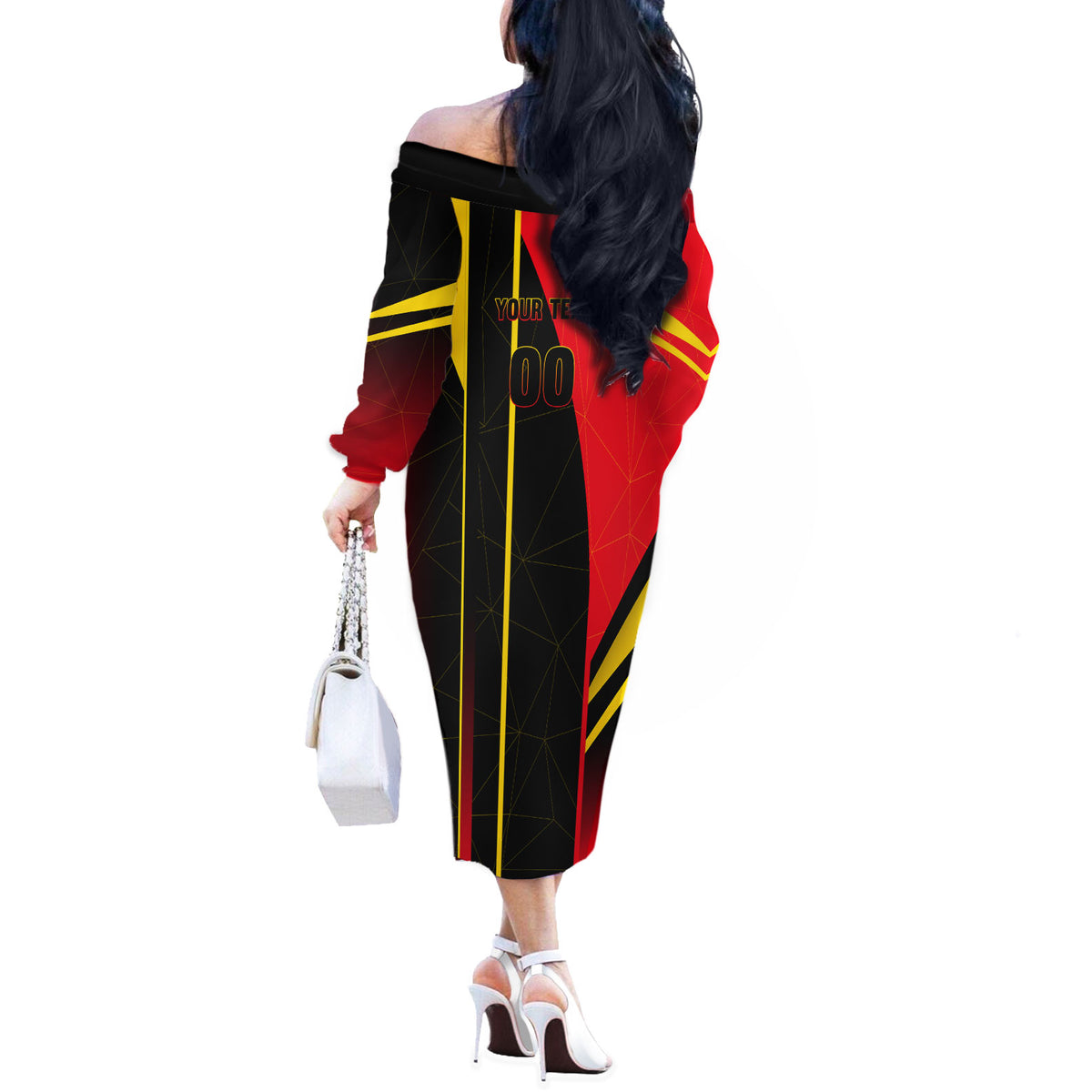 Personalized Belgium Soccer Red Devils Mascot Off The Shoulder Long Sleeve Dress Royal Belgian Football Geometric Simple Style