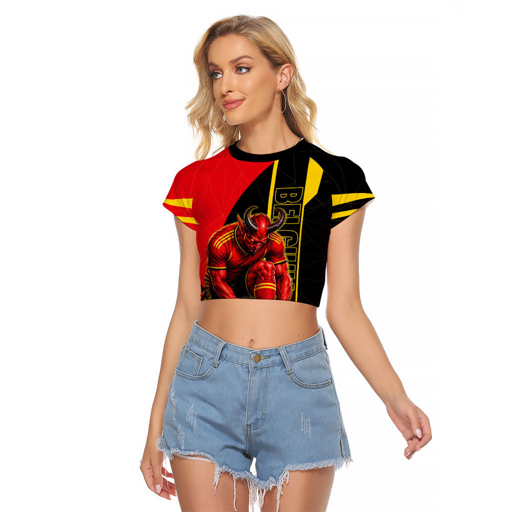 Personalized Belgium Soccer Red Devils Mascot Raglan Cropped T Shirt Royal Belgian Football Geometric Simple Style