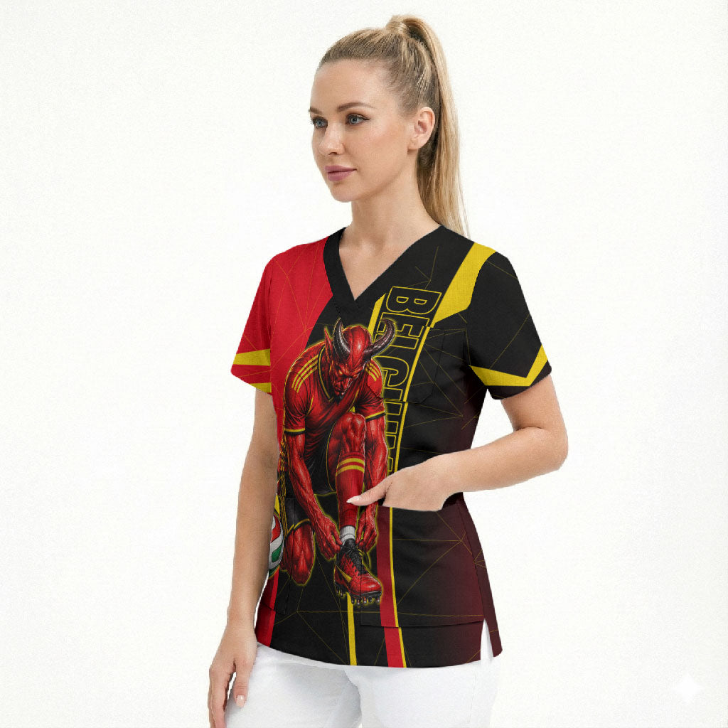Personalized Belgium Soccer Red Devils Mascot Scrub Top Royal Belgian Football Geometric Simple Style