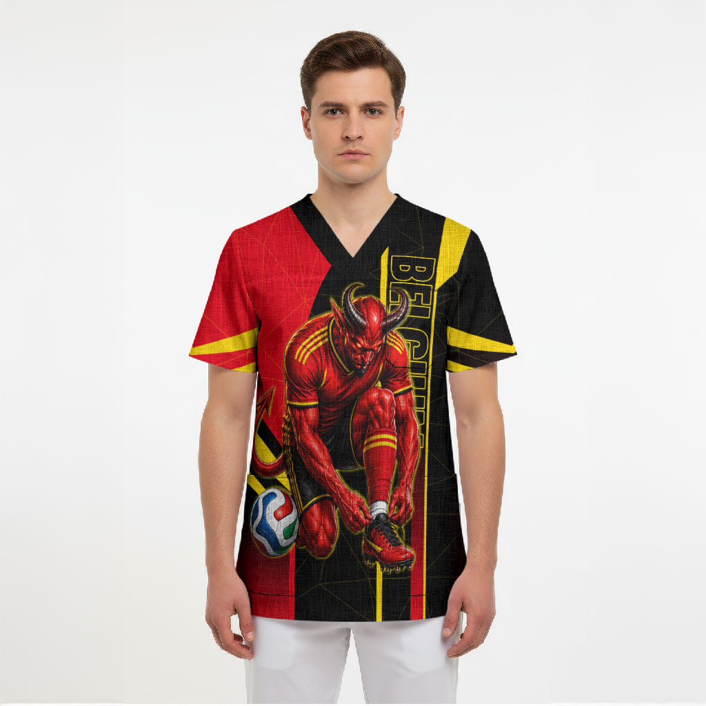 Personalized Belgium Soccer Red Devils Mascot Scrub Top Royal Belgian Football Geometric Simple Style