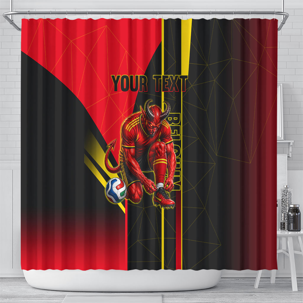 Personalized Belgium Soccer Red Devils Mascot Shower Curtain Royal Belgian Football Geometric Simple Style