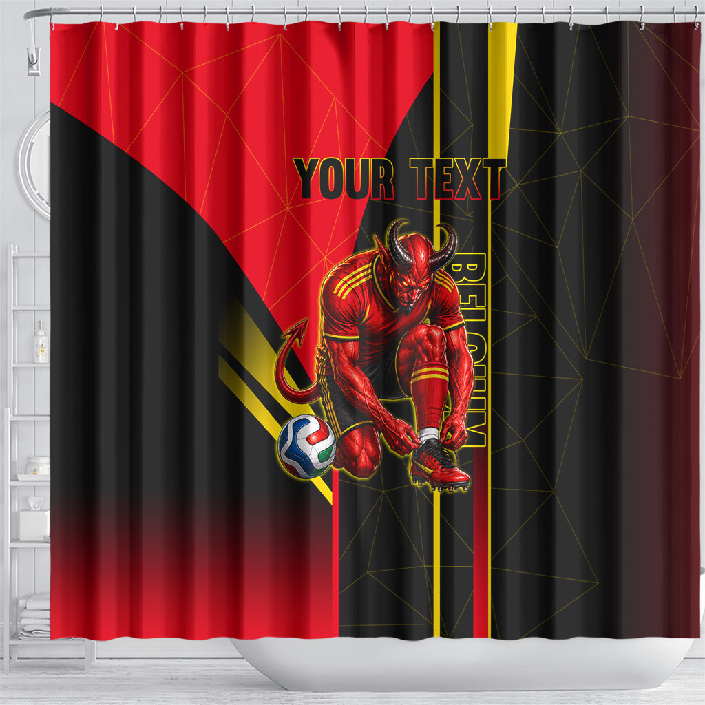 Personalized Belgium Soccer Red Devils Mascot Shower Curtain Royal Belgian Football Geometric Simple Style