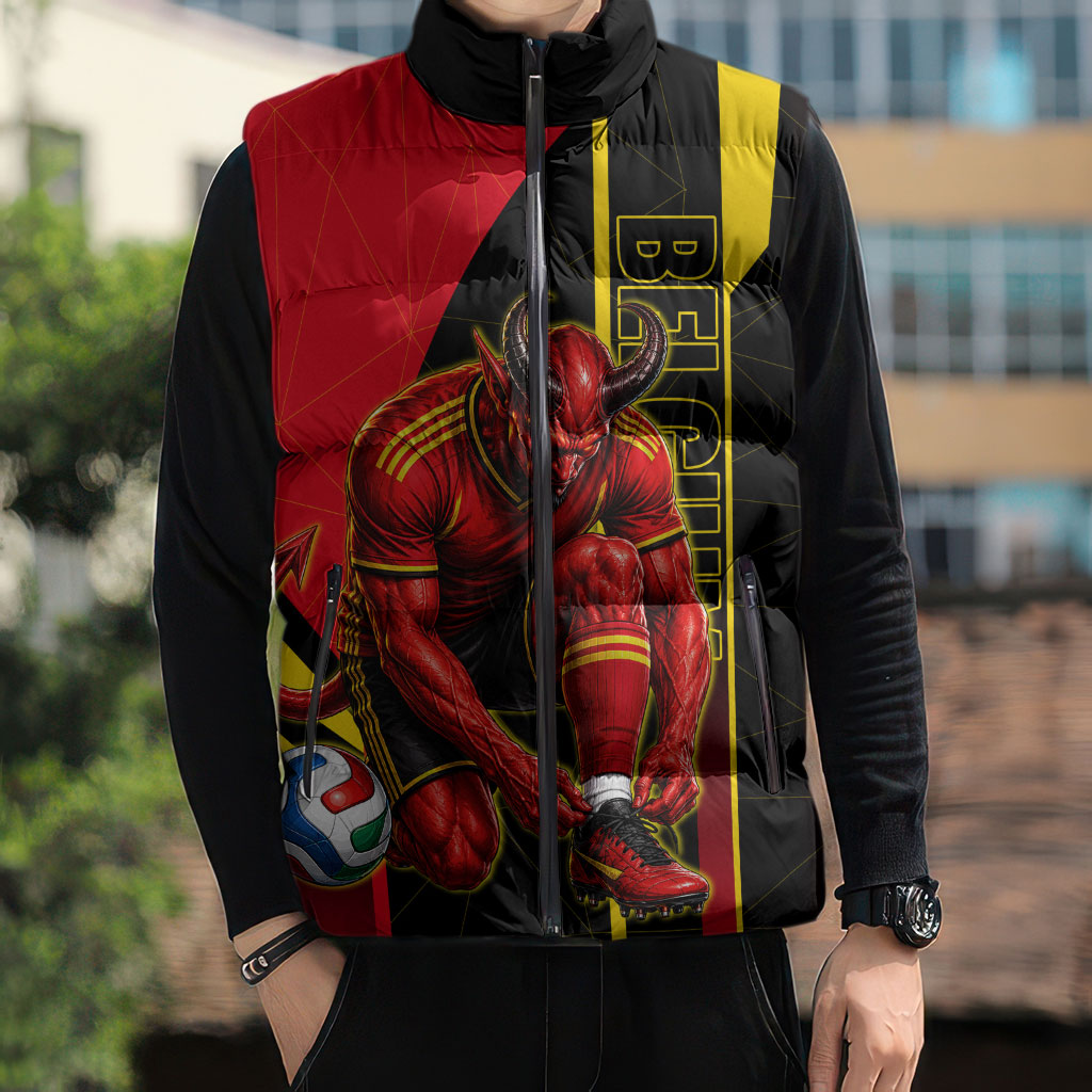 Personalized Belgium Soccer Red Devils Mascot Sleeveless Puffer Jacket Royal Belgian Football Geometric Simple Style