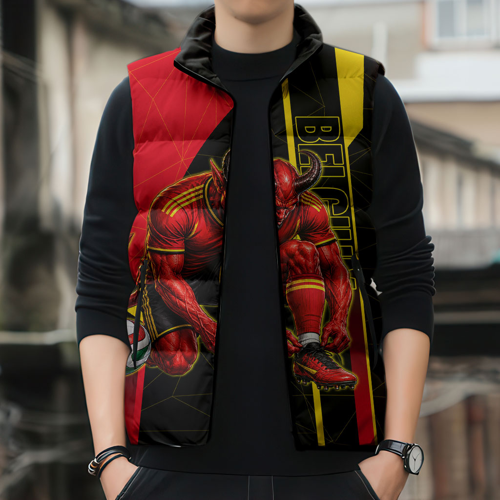 Personalized Belgium Soccer Red Devils Mascot Sleeveless Puffer Jacket Royal Belgian Football Geometric Simple Style