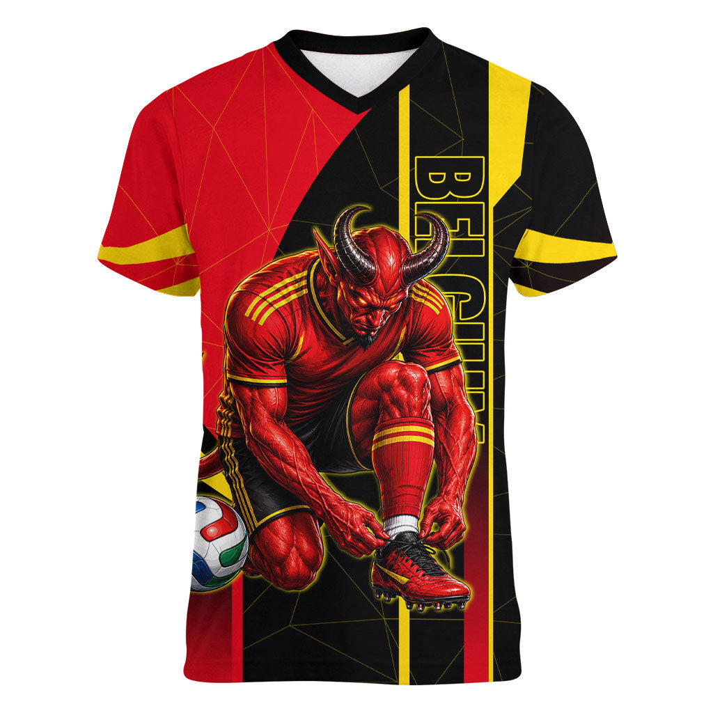 Personalized Belgium Soccer Red Devils Mascot Women V-Neck T-Shirt Royal Belgian Football Geometric Simple Style