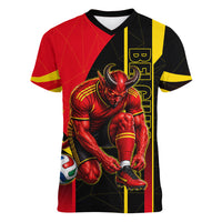 Personalized Belgium Soccer Red Devils Mascot Women V-Neck T-Shirt Royal Belgian Football Geometric Simple Style