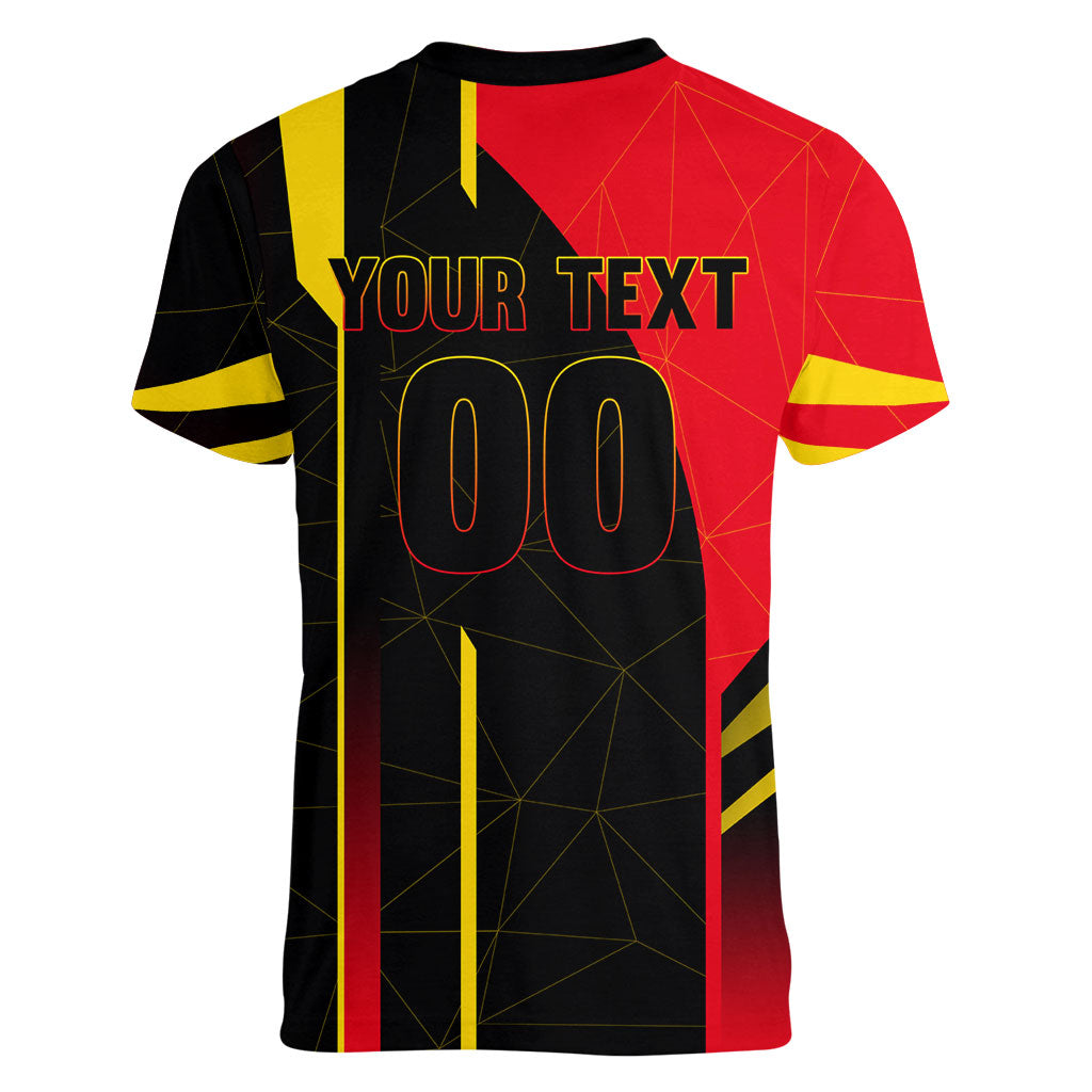 Personalized Belgium Soccer Red Devils Mascot Women V-Neck T-Shirt Royal Belgian Football Geometric Simple Style