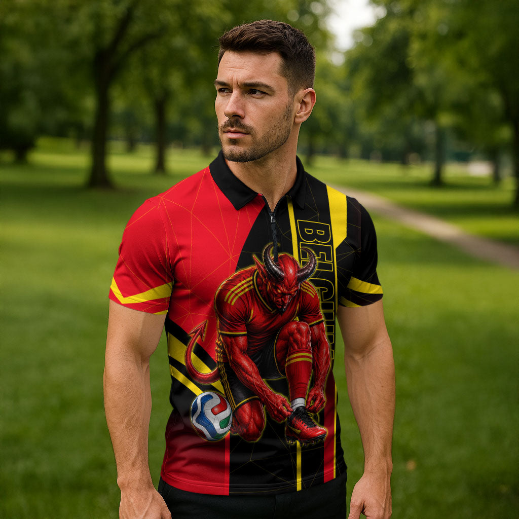 Personalized Belgium Soccer Red Devils Mascot Zipper Polo Shirt Royal Belgian Football Geometric Simple Style
