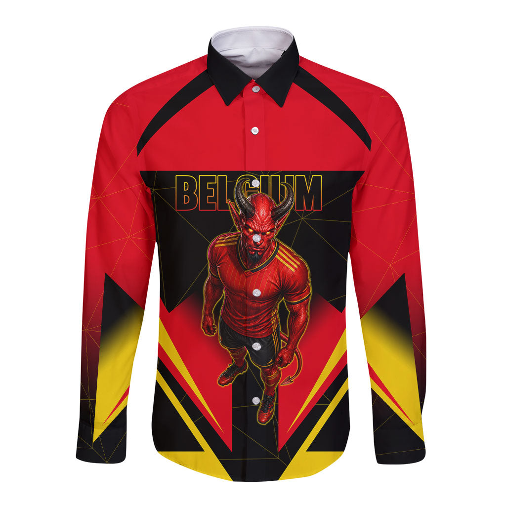 Personalized Belgium Soccer Long Sleeve Button Shirt Belgian Football Pride Red Devils Mascot