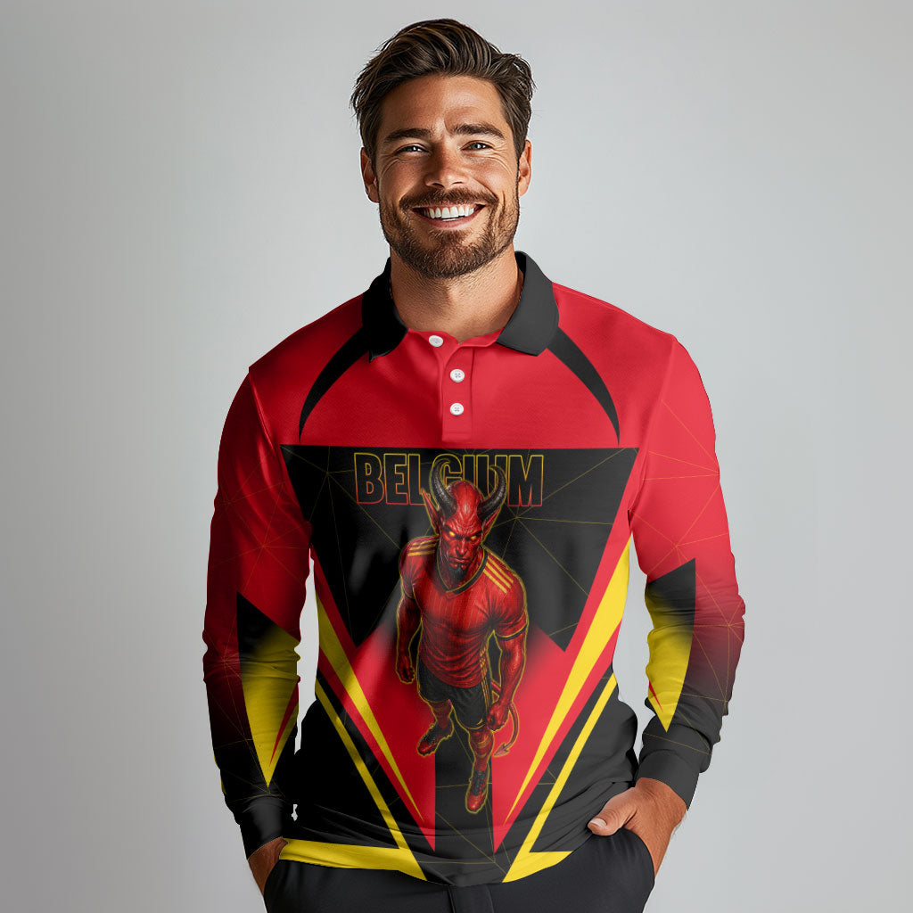Personalized Belgium Soccer Long Sleeve Polo Shirt Belgian Football Pride Red Devils Mascot