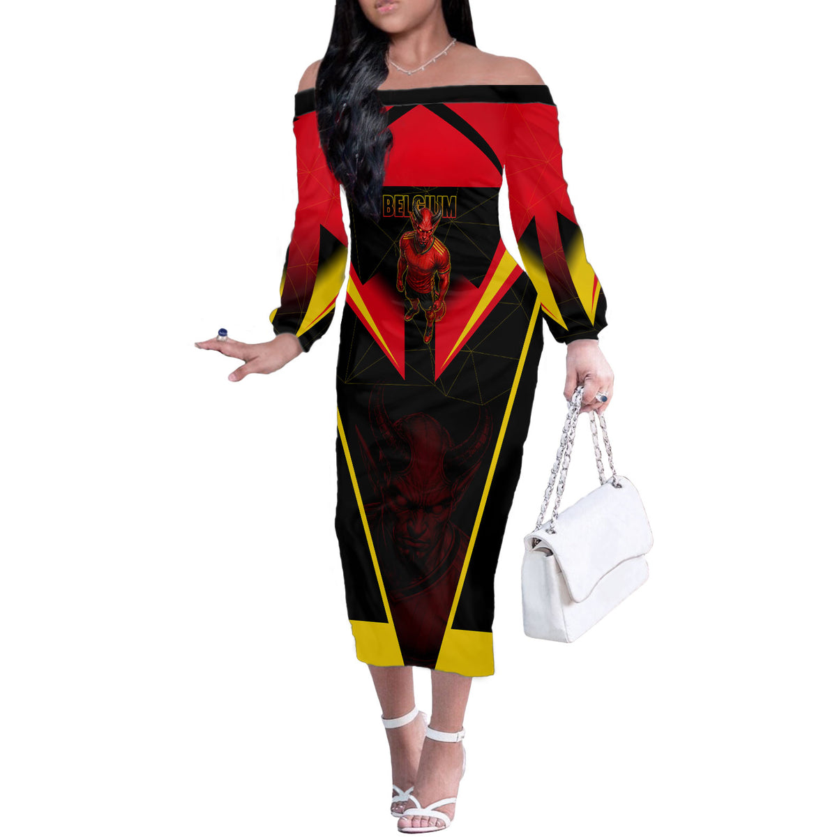Personalized Belgium Soccer Off The Shoulder Long Sleeve Dress Belgian Football Pride Red Devils Mascot