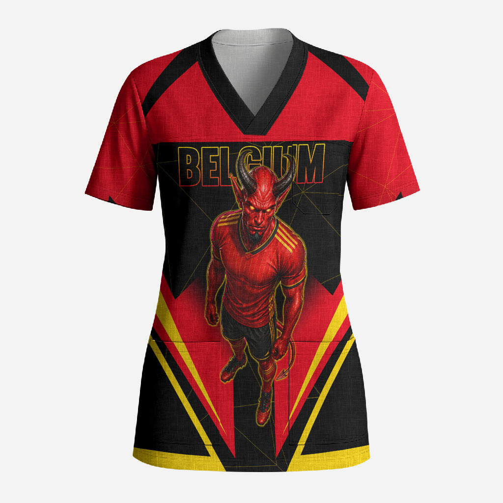 Personalized Belgium Soccer Scrub Top Belgian Football Pride Red Devils Mascot