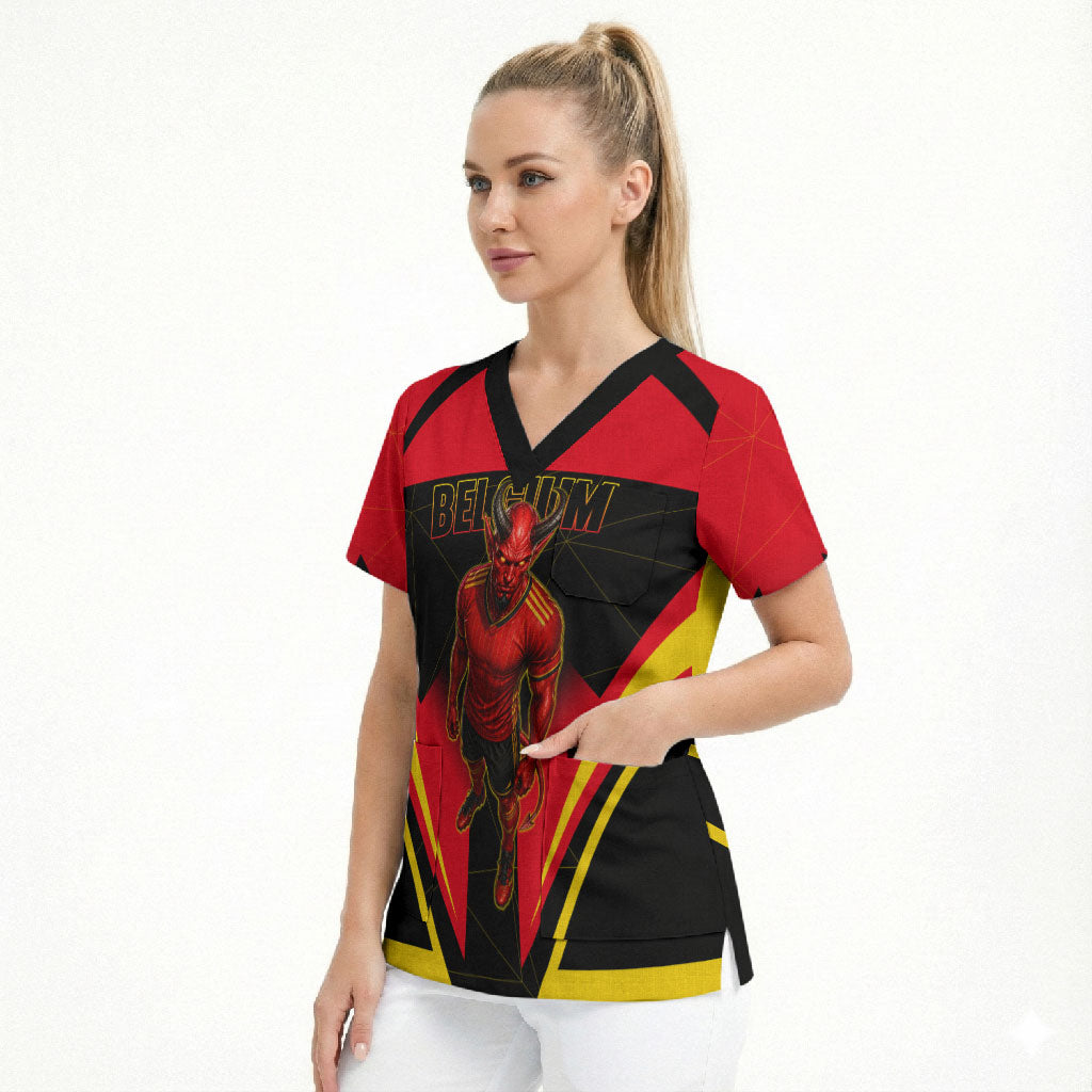 Personalized Belgium Soccer Scrub Top Belgian Football Pride Red Devils Mascot