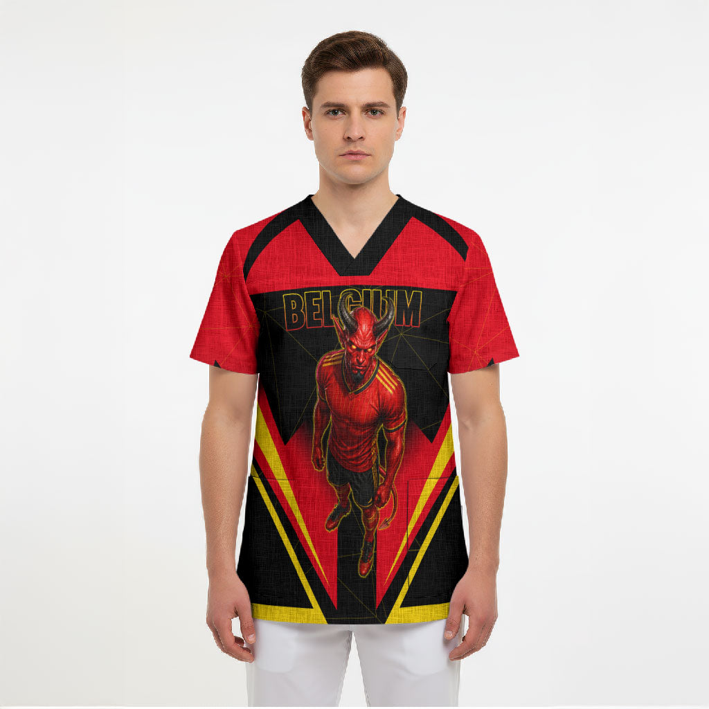 Personalized Belgium Soccer Scrub Top Belgian Football Pride Red Devils Mascot