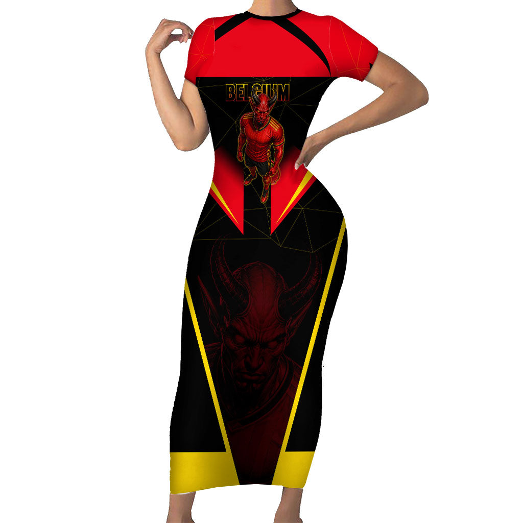 Personalized Belgium Soccer Short Sleeve Bodycon Dress Belgian Football Pride Red Devils Mascot