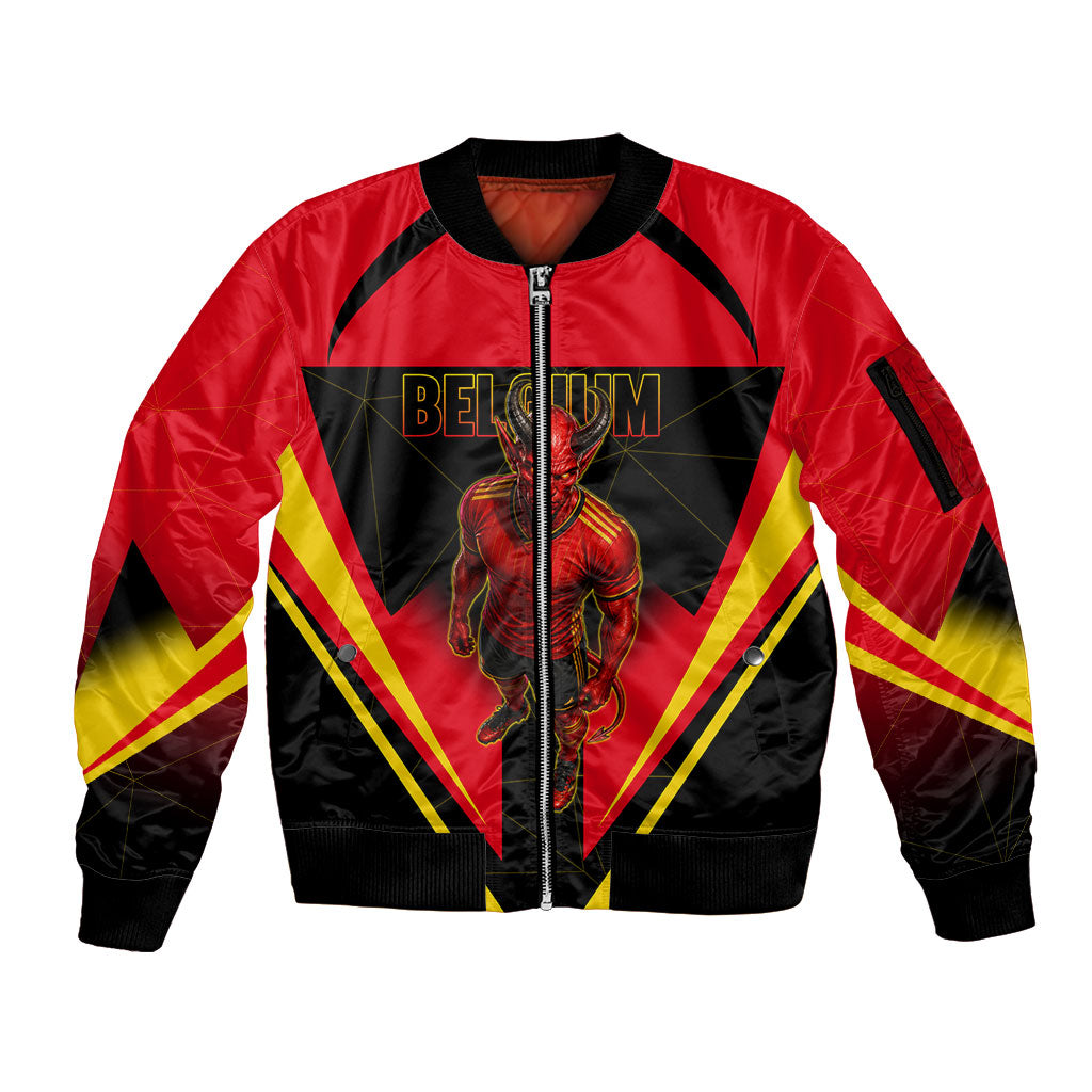 Personalized Belgium Soccer Sleeve Zip Bomber Jacket Belgian Football Pride Red Devils Mascot