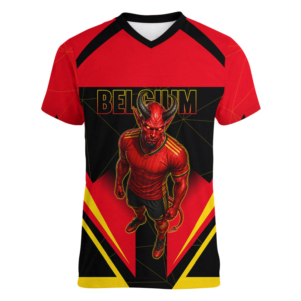 Personalized Belgium Soccer Women V-Neck T-Shirt Belgian Football Pride Red Devils Mascot