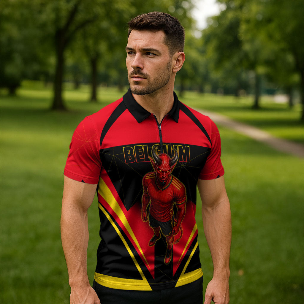 Personalized Belgium Soccer Zipper Polo Shirt Belgian Football Pride Red Devils Mascot