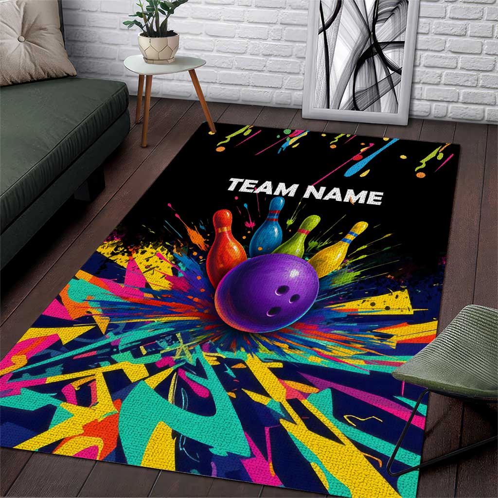 Custom Bowling Strike Design Area Rug Colorful Pins and Purple Ball in Abstract Splatter Art Style - Wonder Print Shop