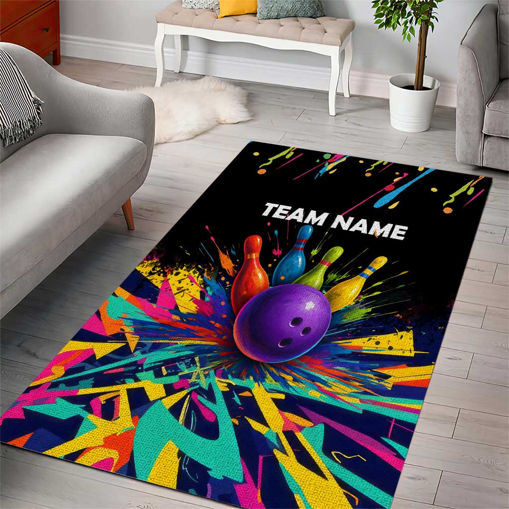 Custom Bowling Strike Design Area Rug Colorful Pins and Purple Ball in Abstract Splatter Art Style - Wonder Print Shop