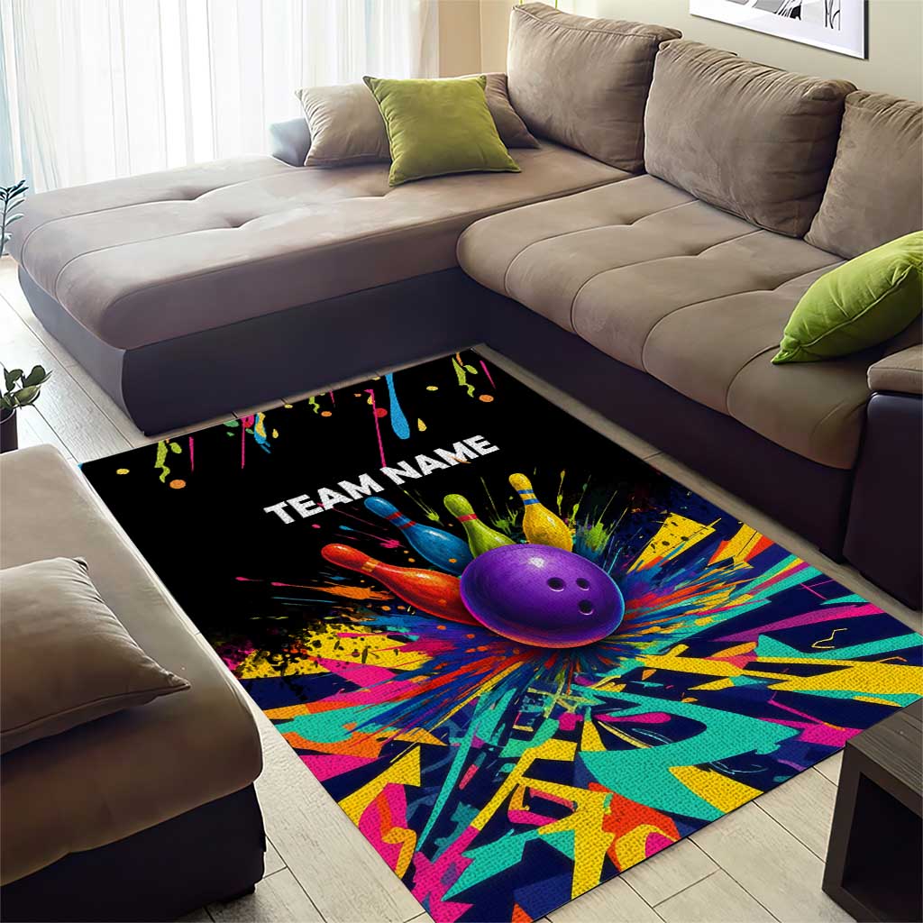 Custom Bowling Strike Design Area Rug Colorful Pins and Purple Ball in Abstract Splatter Art Style - Wonder Print Shop
