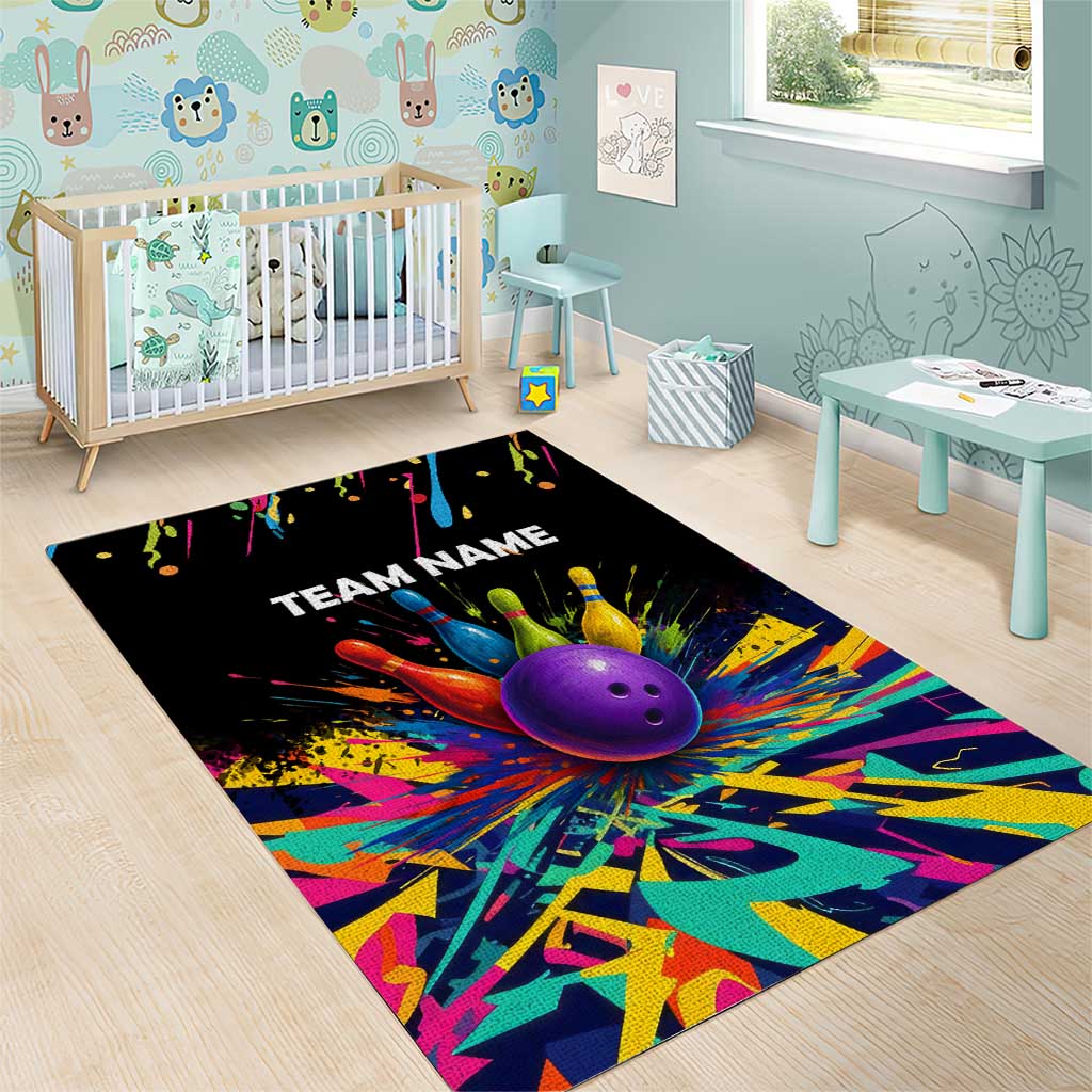Custom Bowling Strike Design Area Rug Colorful Pins and Purple Ball in Abstract Splatter Art Style - Wonder Print Shop