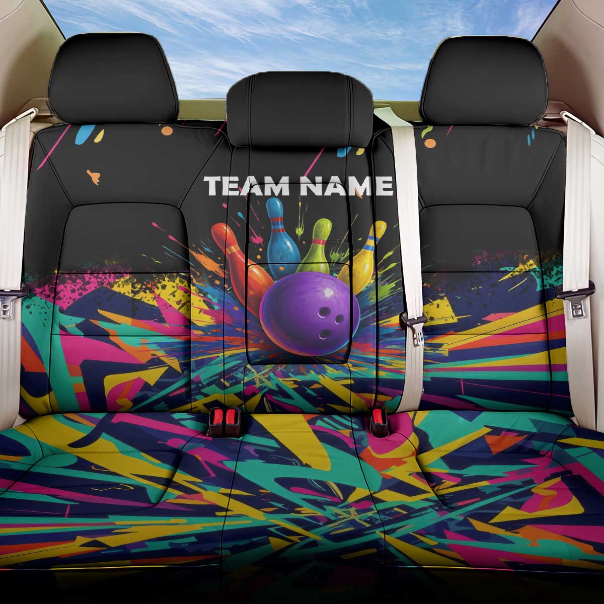 Custom Bowling Strike Design Back Car Seat Cover Colorful Pins and Purple Ball in Abstract Splatter Art Style - Wonder Print Shop