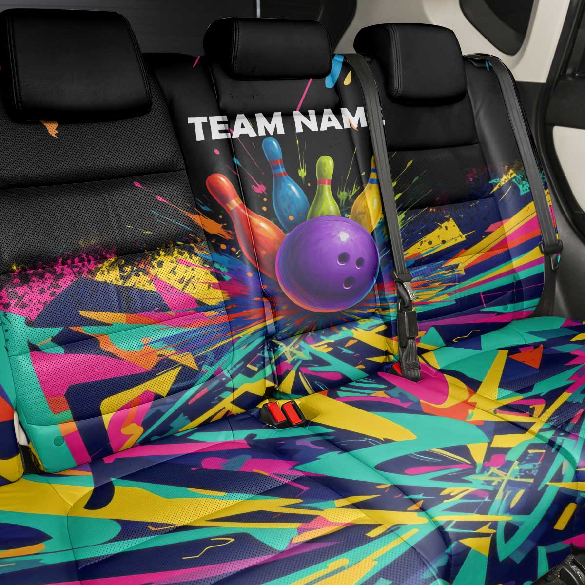Custom Bowling Strike Design Back Car Seat Cover Colorful Pins and Purple Ball in Abstract Splatter Art Style - Wonder Print Shop