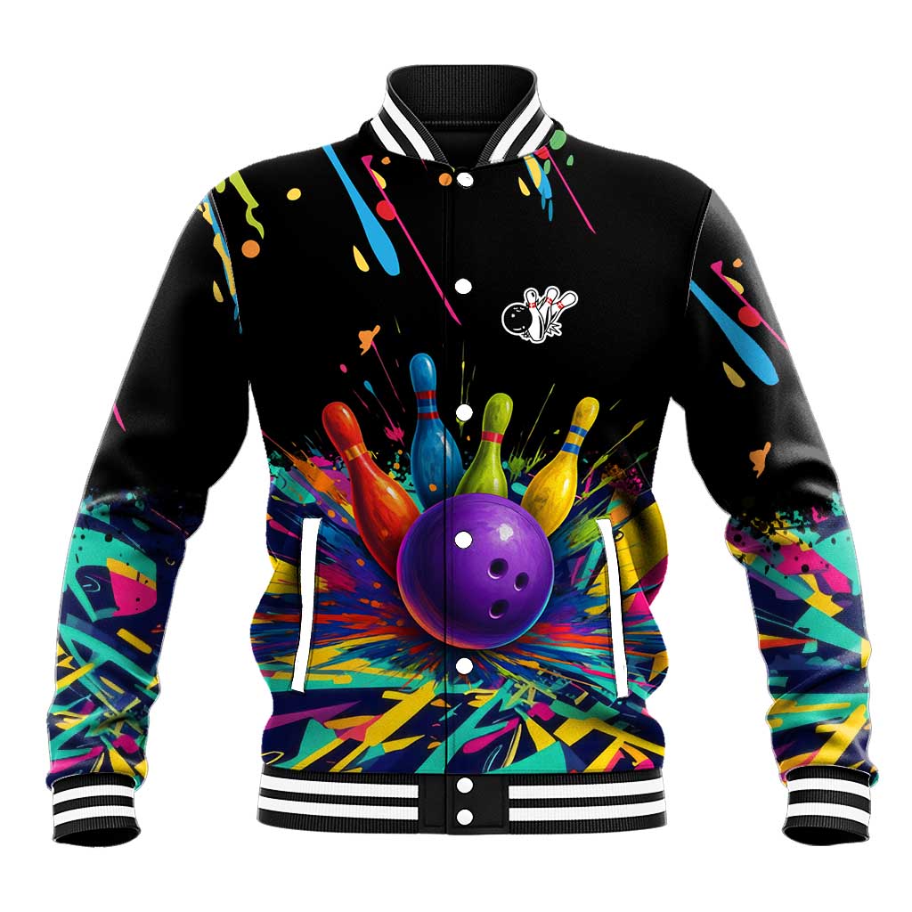 Custom Bowling Strike Design Baseball Jacket Colorful Pins and Purple Ball in Abstract Splatter Art Style - Wonder Print Shop