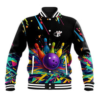 Custom Bowling Strike Design Baseball Jacket Colorful Pins and Purple Ball in Abstract Splatter Art Style - Wonder Print Shop