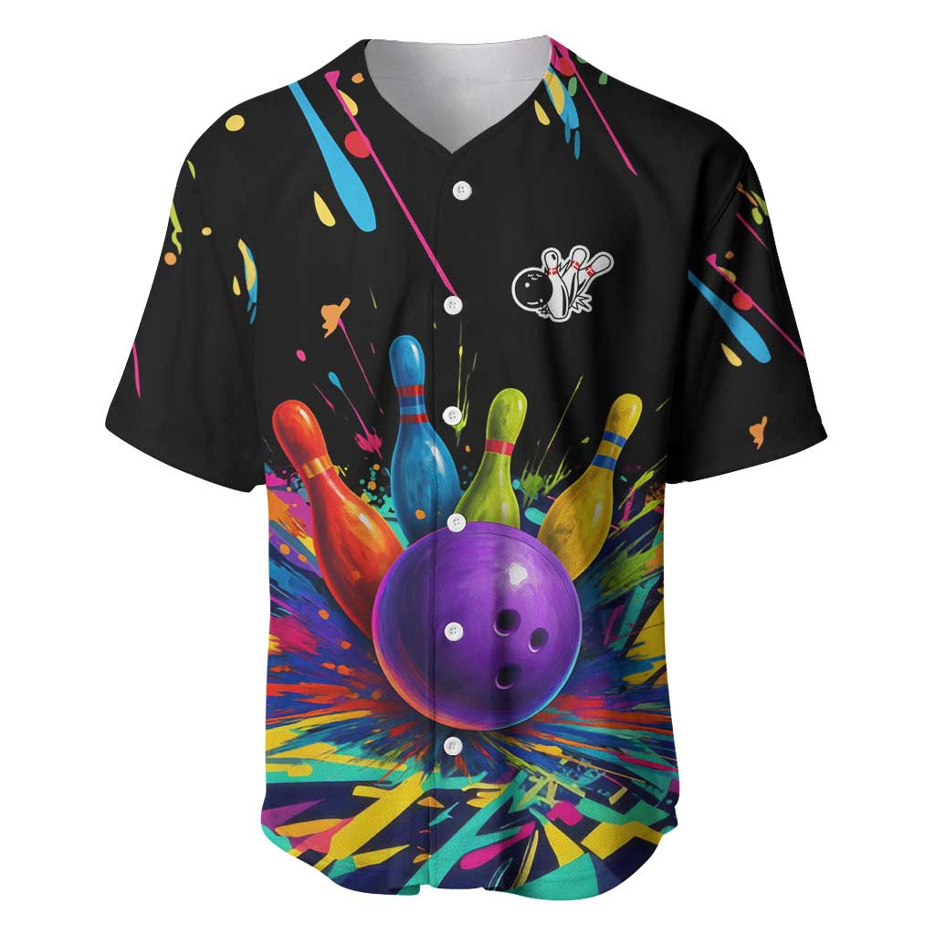 Custom Bowling Strike Design Baseball Jersey Colorful Pins and Purple Ball in Abstract Splatter Art Style - Wonder Print Shop