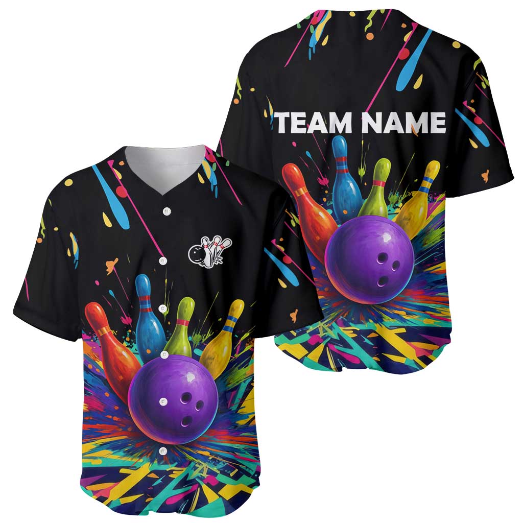 Custom Bowling Strike Design Baseball Jersey Colorful Pins and Purple Ball in Abstract Splatter Art Style - Wonder Print Shop