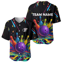 Custom Bowling Strike Design Baseball Jersey Colorful Pins and Purple Ball in Abstract Splatter Art Style - Wonder Print Shop