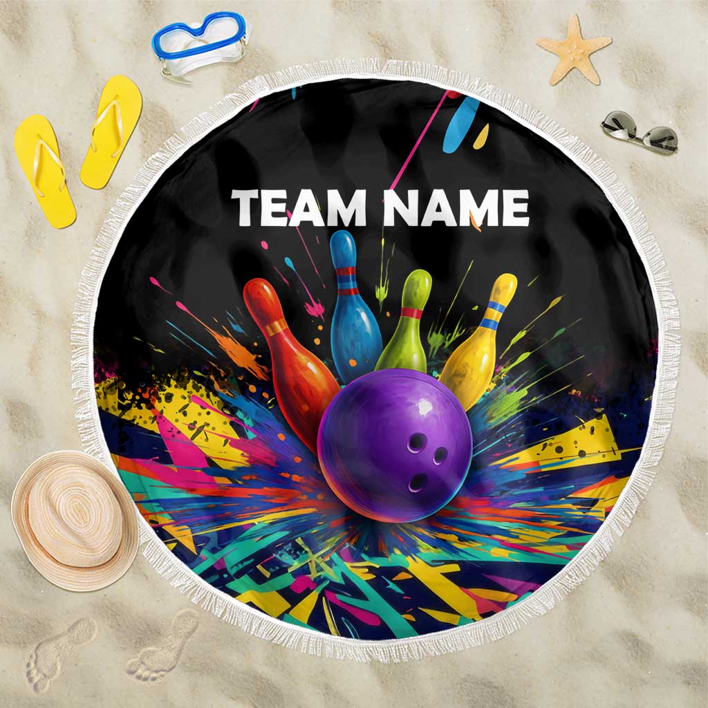 Custom Bowling Strike Design Beach Blanket Colorful Pins and Purple Ball in Abstract Splatter Art Style - Wonder Print Shop