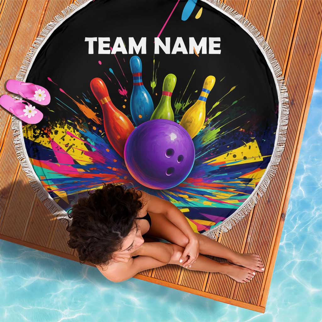 Custom Bowling Strike Design Beach Blanket Colorful Pins and Purple Ball in Abstract Splatter Art Style - Wonder Print Shop