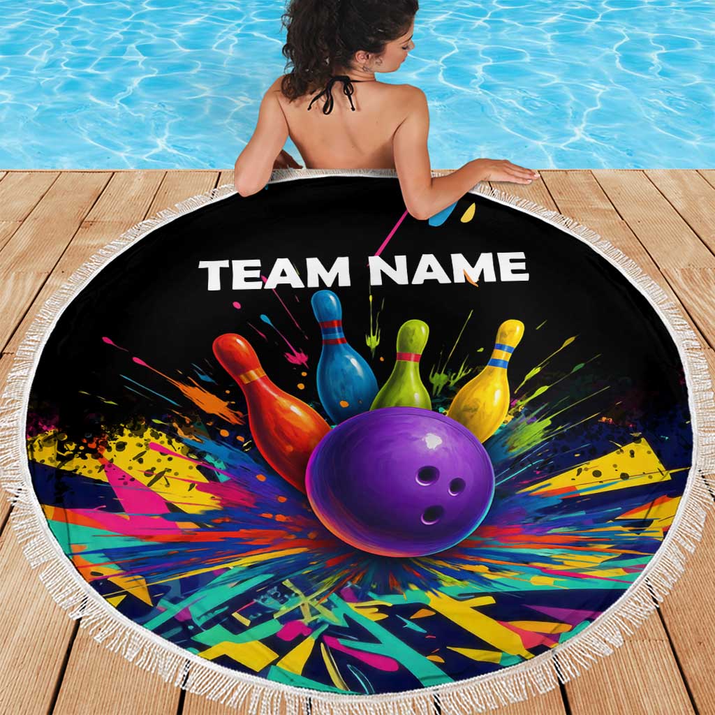 Custom Bowling Strike Design Beach Blanket Colorful Pins and Purple Ball in Abstract Splatter Art Style - Wonder Print Shop