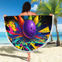 Custom Bowling Strike Design Beach Blanket Colorful Pins and Purple Ball in Abstract Splatter Art Style - Wonder Print Shop