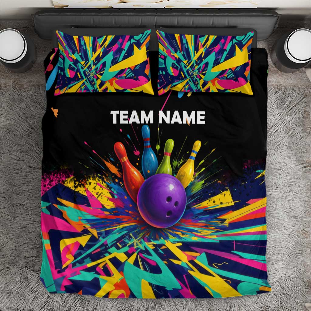 Custom Bowling Strike Design Bedding Set Colorful Pins and Purple Ball in Abstract Splatter Art Style - Wonder Print Shop