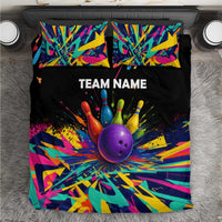Custom Bowling Strike Design Bedding Set Colorful Pins and Purple Ball in Abstract Splatter Art Style - Wonder Print Shop